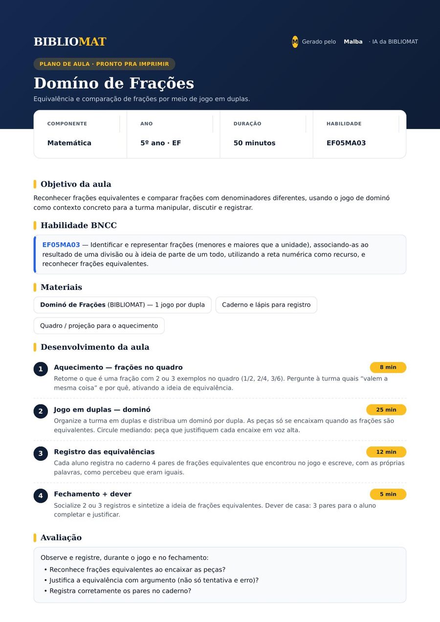 Plano de aula gerado pelo Malba, em PDF pronto pra imprimir